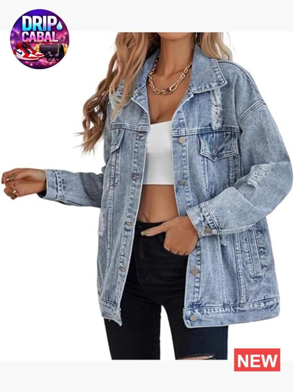 Women's Oversized Denim Jacket Boyfriend Ripped Distressed Long Jean Coat